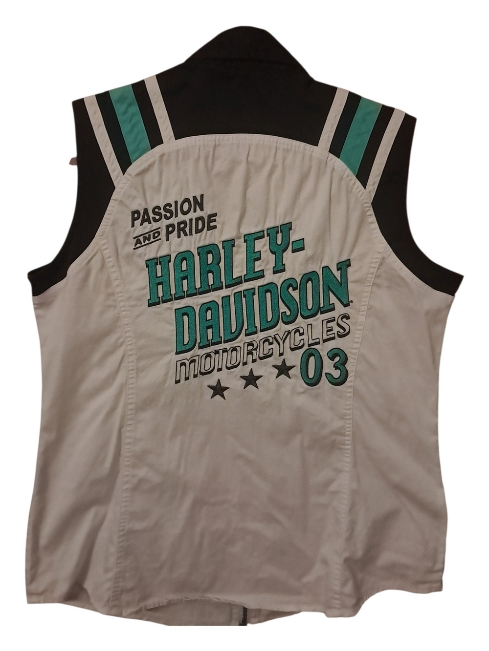 Harley-Davidson White Sleeveless Zip Vest with Black Collar and Teal Stripes - Picture 3 of 3